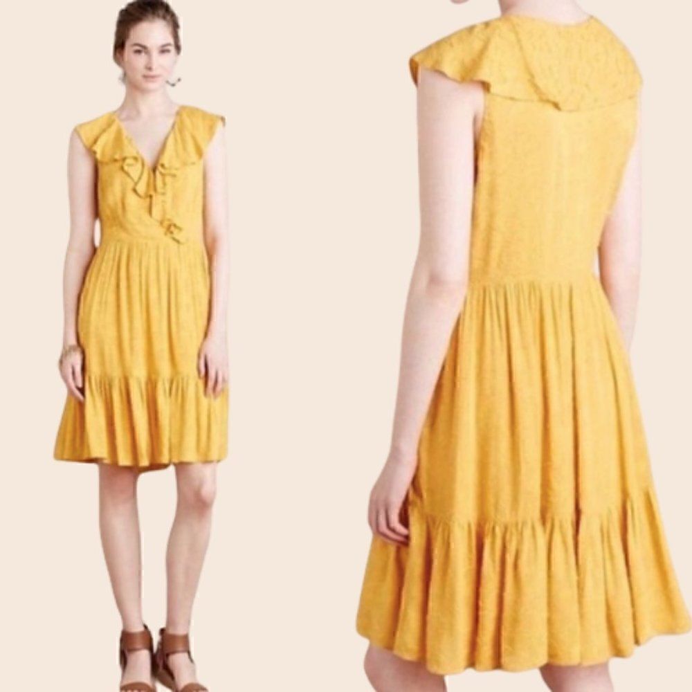 Anthropologie HD in Paris Goldenrod Yellow Ruffled Textured Ginya Dress Size 0